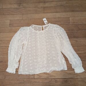 Nwt Women's Blu Pepper White Sheer Puff Long Sleeve Lacy Blouse Size Small